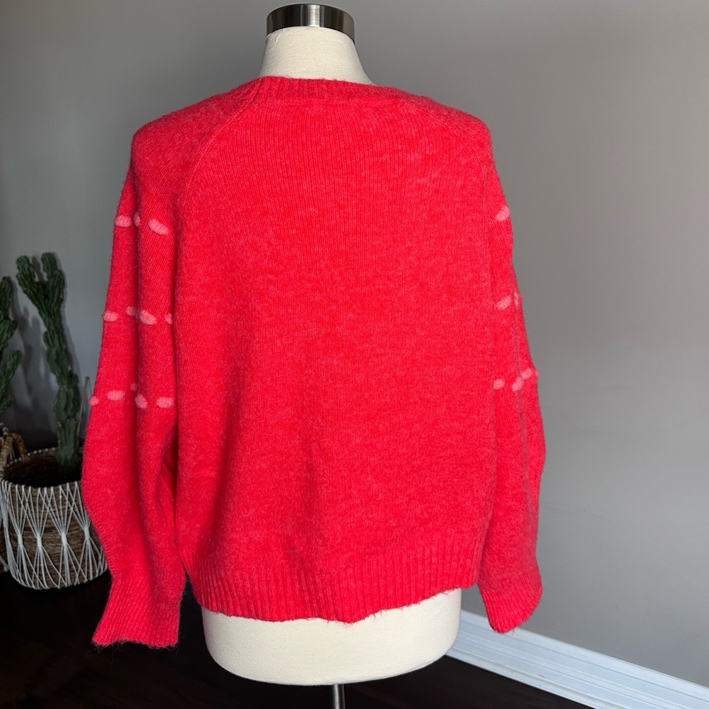 All In Favor Nordstrom Crewneck Sweater Embroidered Pom Chevron Cherry Red Large - Picture 3 of 8
